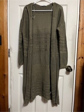 Marled by Reunited Clothing Long Open-Front Hooded Knit Cardigan - Olive Green